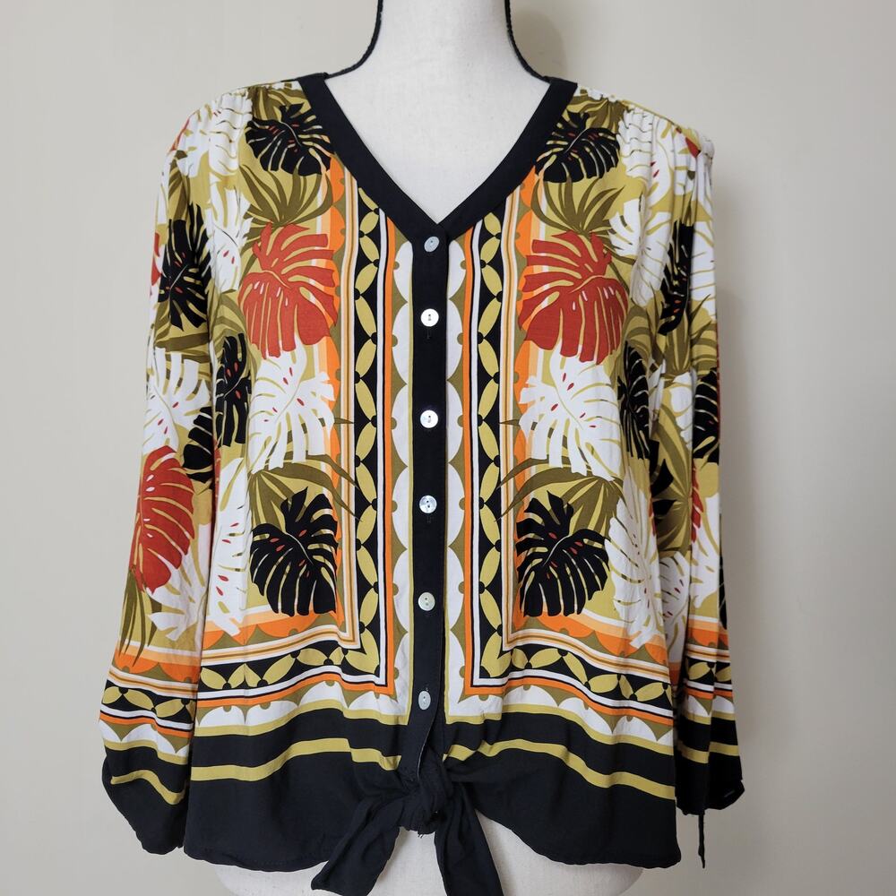 Ruby Road PXL Tie Front Blouse 3/4 Tab Sleeve V-Neck 6 Button Front Tropical